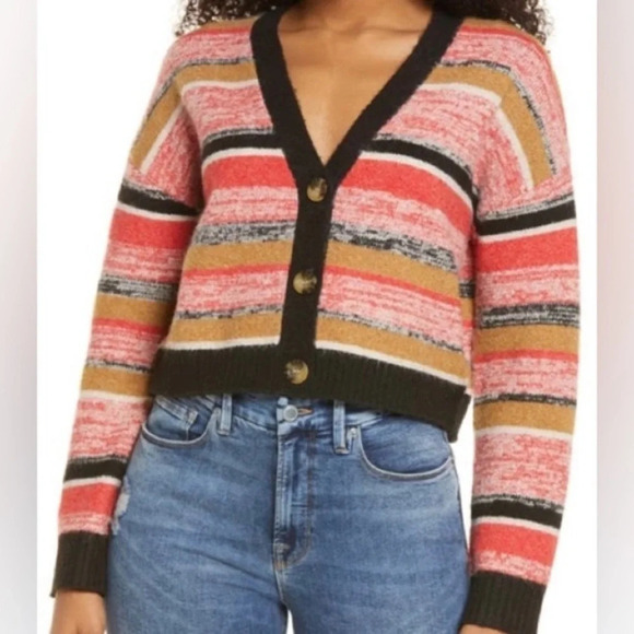 BP Nordstrom Striped Button Down Cardigan Sweater Black Mark Stripe NWT XS - Picture 3 of 5